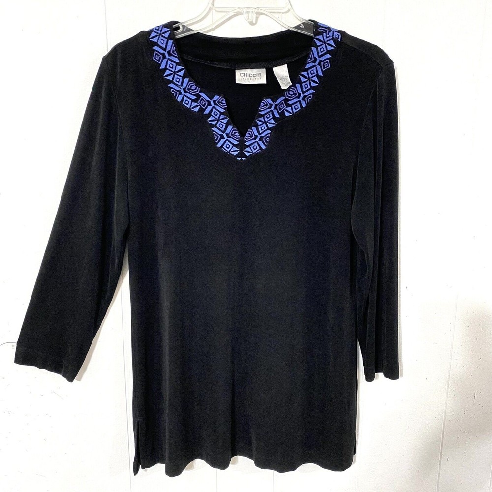 CHICO'S Black  1 M Slinky Travel Knit v-neck PULLOVER Blue EMBROIDERED